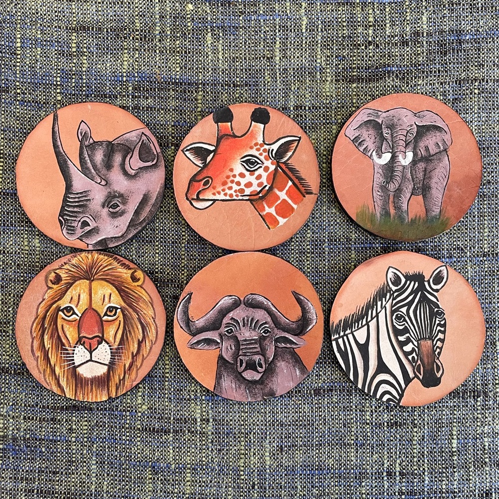 Painted leather coaster set - wild animals